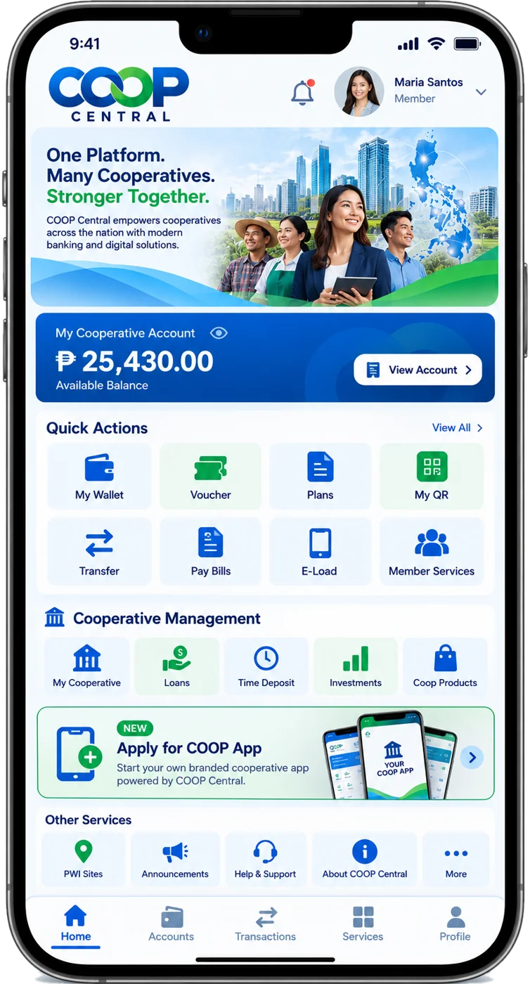COOP Central member home screen with balance and quick actions